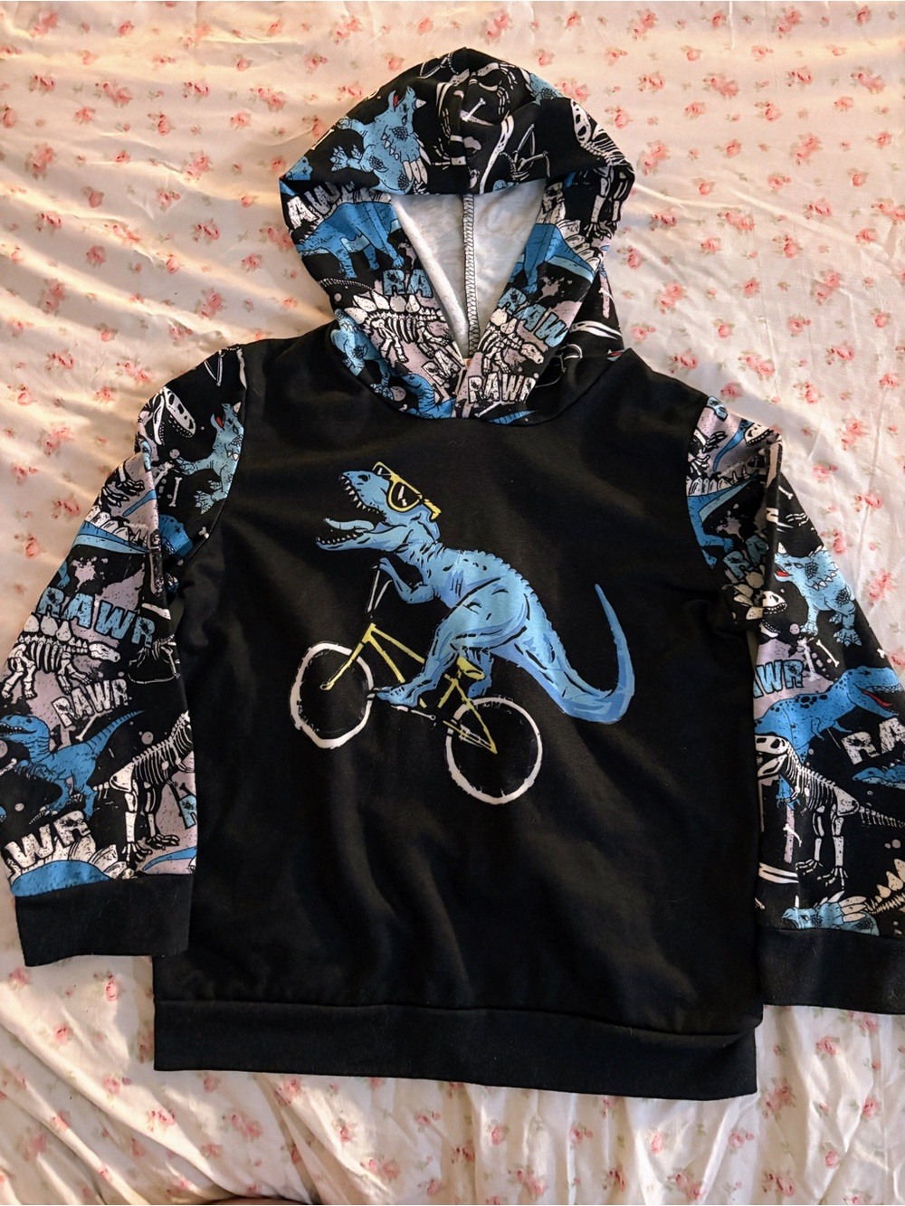 Black Hoodie with Blue Dino on Bike Graphic